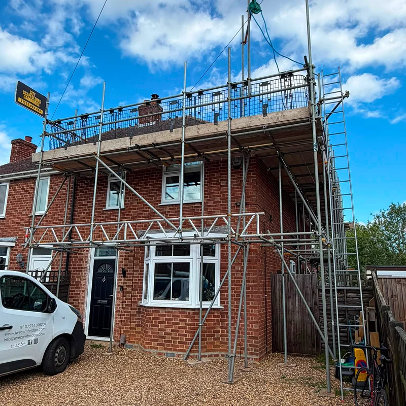 Scaffolding set up around a roof in Cambridge