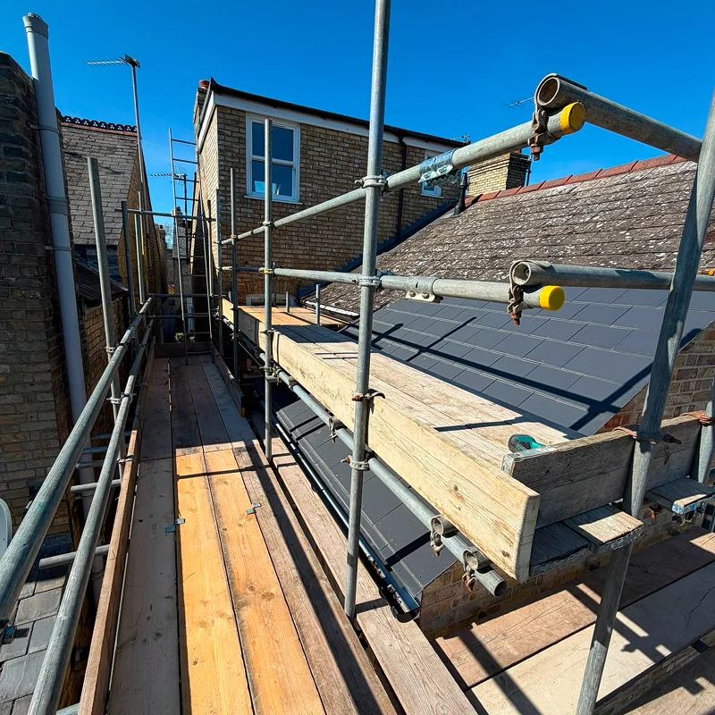 Scaffolding set up around a house in Cambridge